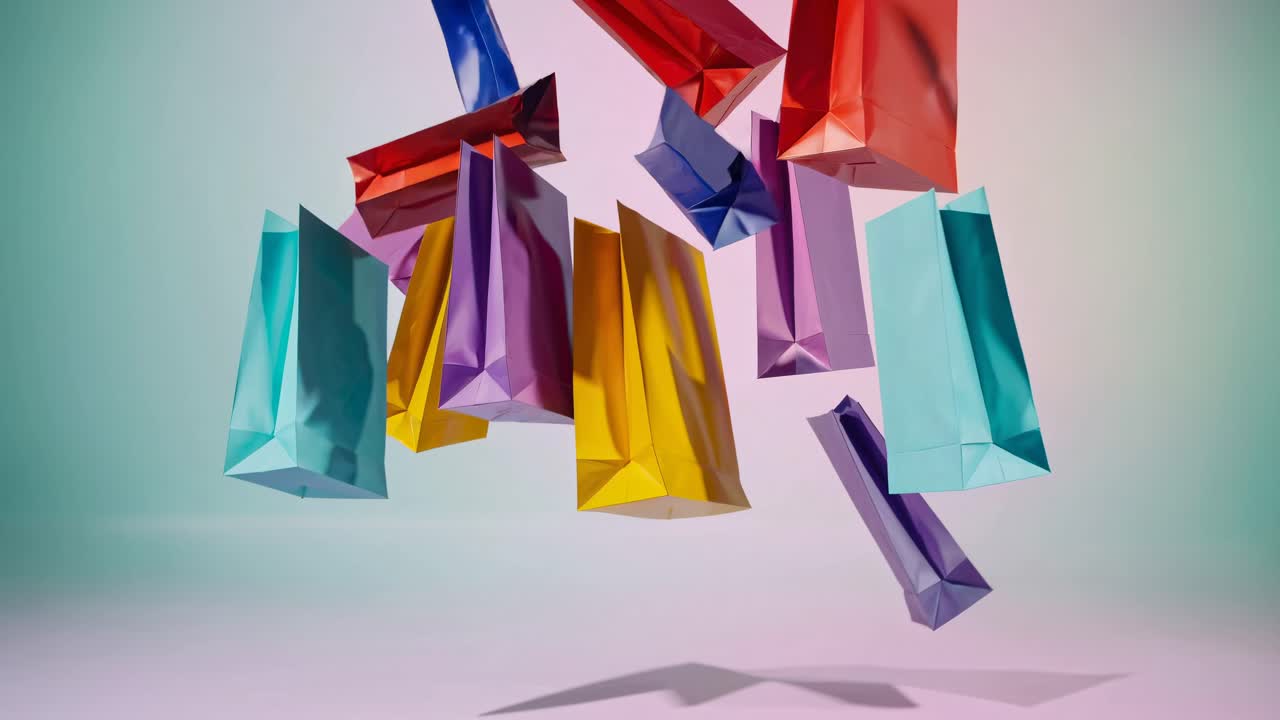 Colorful geometric shapes float mid-air, captured from a low-angle