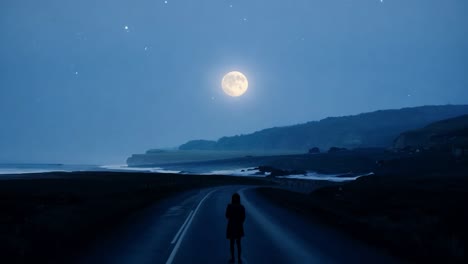 woman stands on a road leading to the ocean, illuminated by the glow of a full moon in the night sky