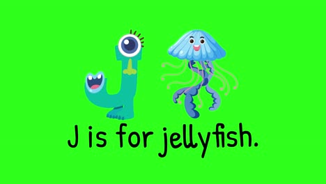playful animation of letter j transforming into a jellyfish on a vibrant green background, emphasizing educational fun