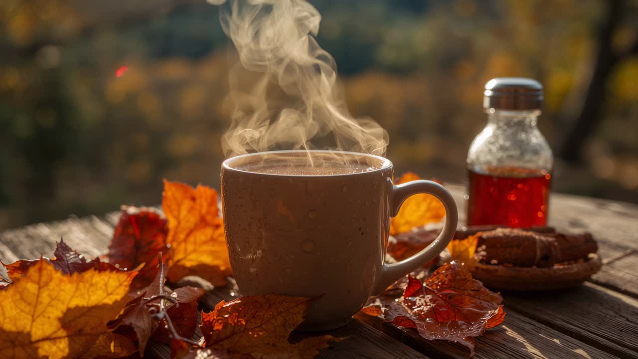 Steaming mug giving curling steam while sun warming scene on deck, with leaves, syrup bottle, plate