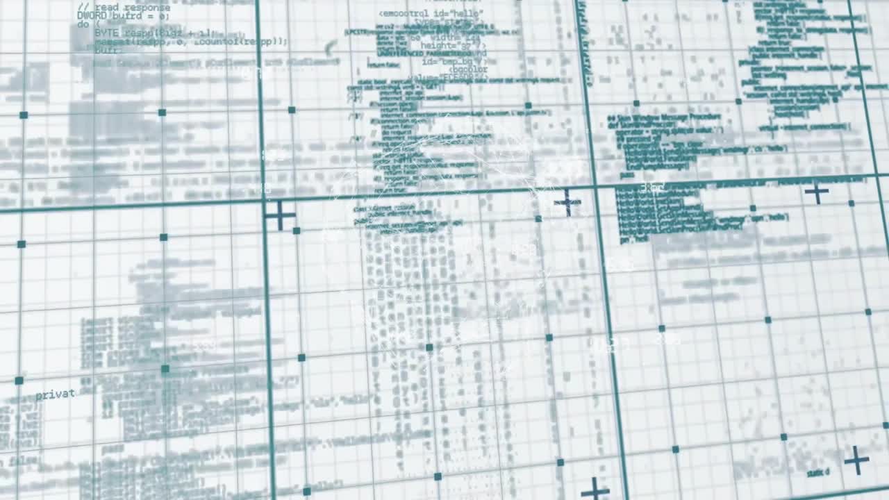 Technical grid layout being animated with shifting teal code, square nodes and plus markers