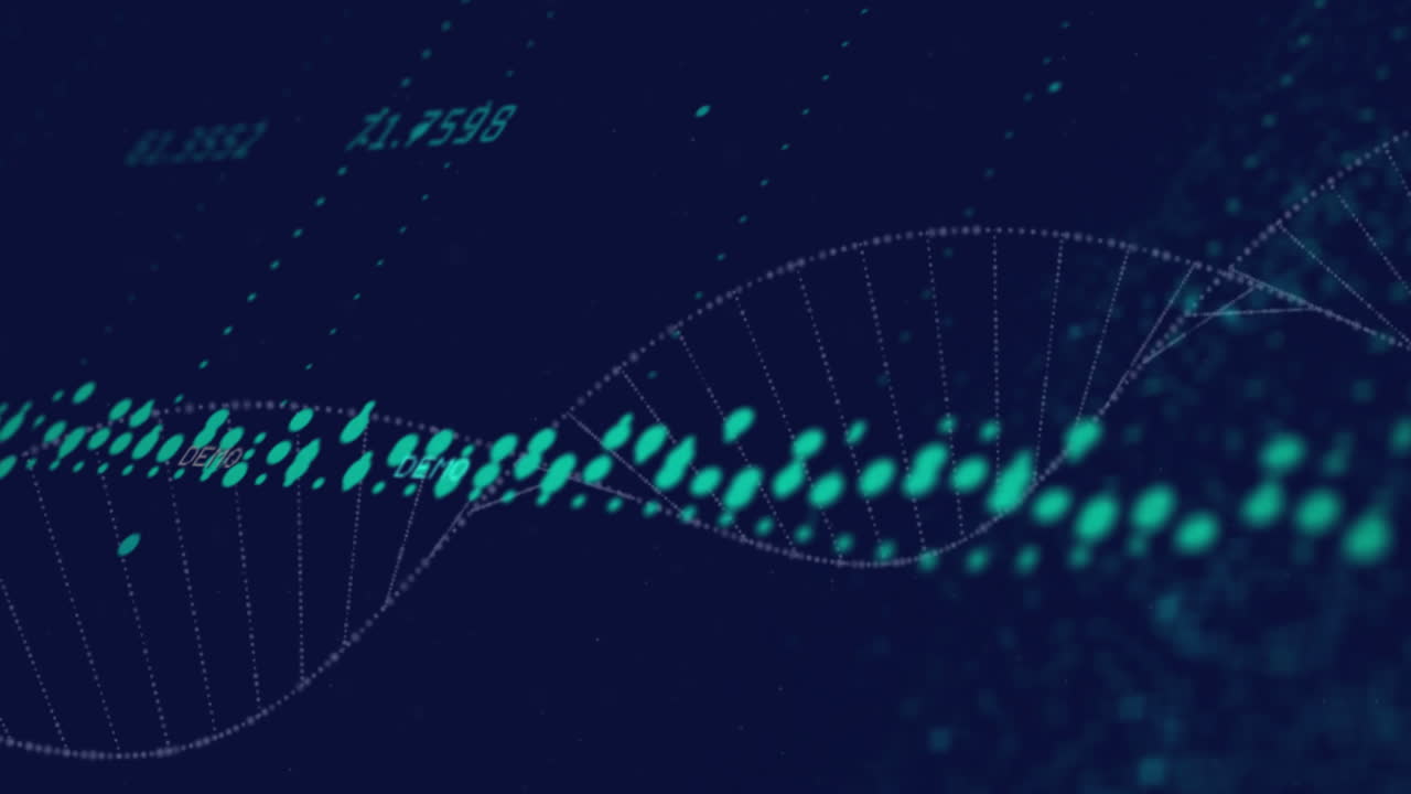 Animation of financial data processing over dna strand on black background