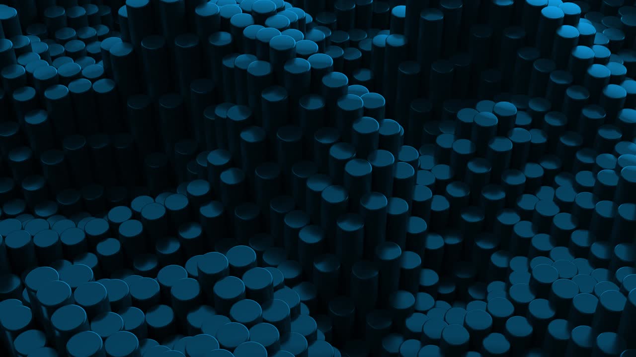 Abstract blue metallic chrome background with cylinders. Ceramic round tiles. Geometry pattern. Random cells. Polygonal glossy surface. Futuristic abstraction. Seamless loop 3d animation of 4K