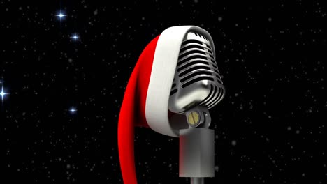 Animation-of-stars-falling-over-microphone-with-christmas-hat-on-dark-background