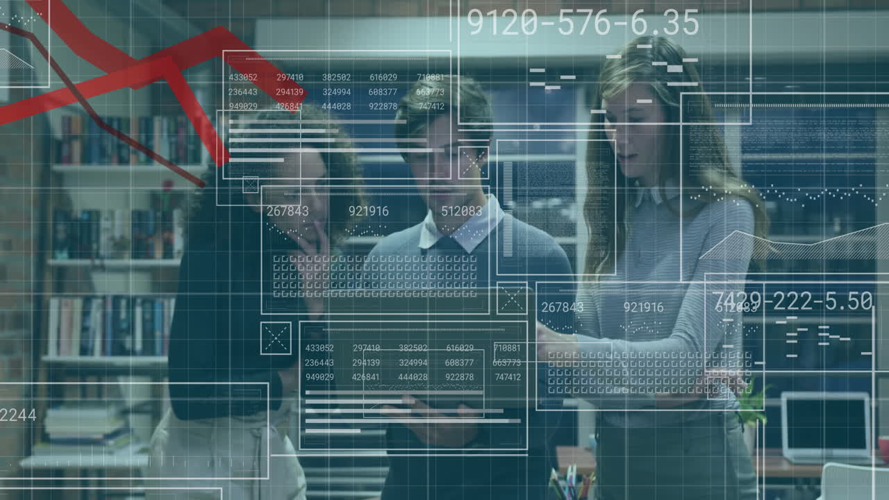 animación de gráficos, cambios de números, círculos de carga, barras, diversos compañeros de trabajo discutiendo informes