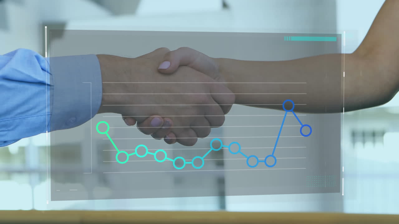 Procesamiento de datos estadísticos con un empresario y una empresaria dándose la mano de fondo