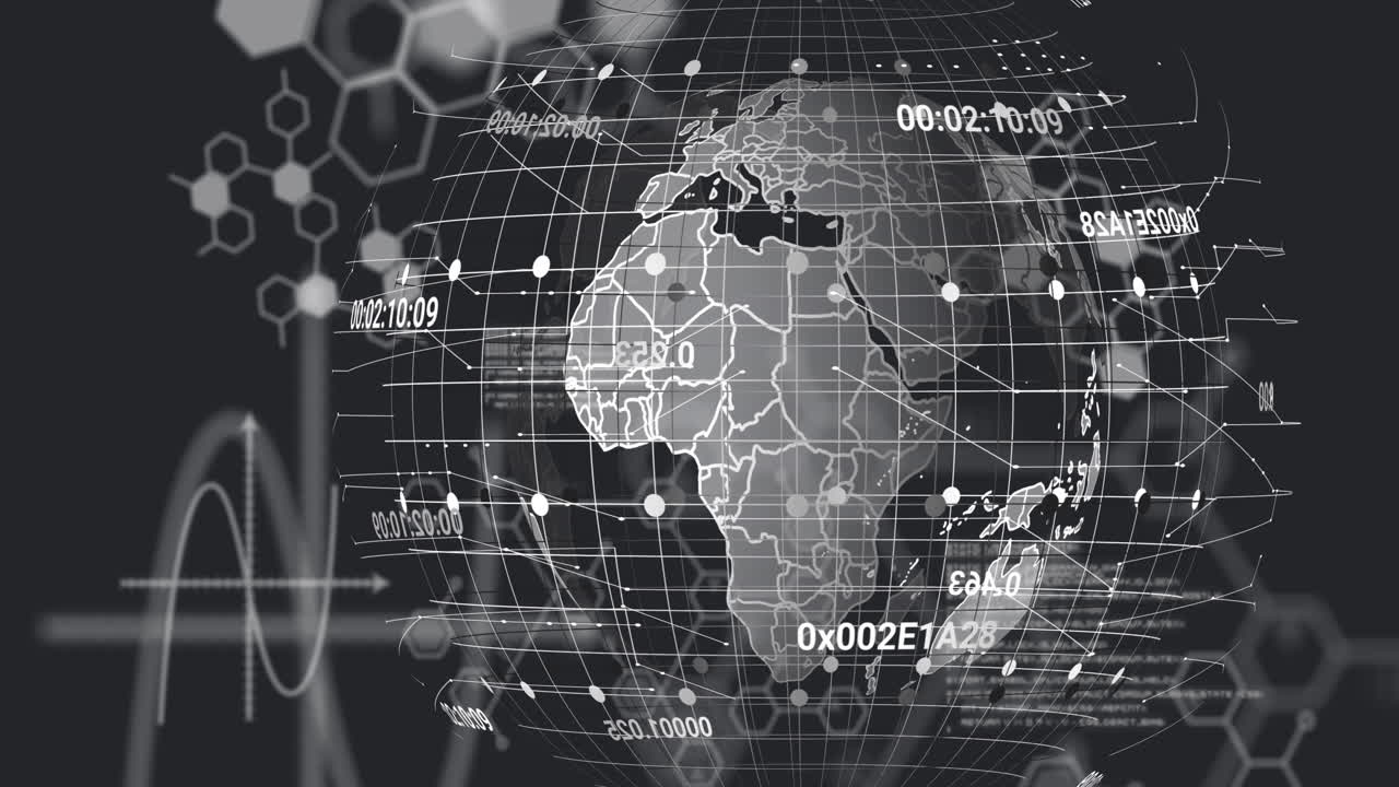 컴퓨터 언어, 분자 구조 및 블랙 배경에 전 세계에 대한 그리드 패턴의 애니메이션