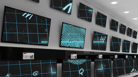 Animation of fingerprint scan and security symbols displayed across flat screen tvs in shop display