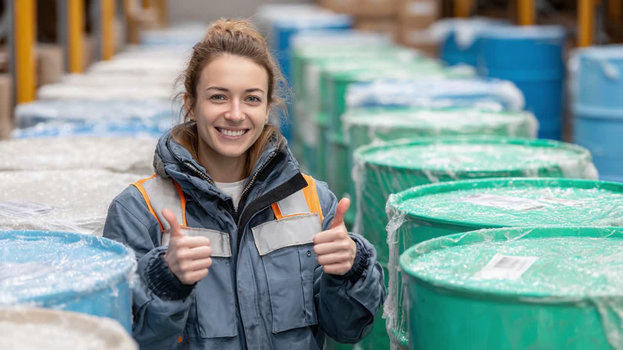 A Happy Warehouse Worker Gives Thumbs Up Amidst Stacked Drums in a Storage Facility, Showcasing a Positive Work Environment and Team Spirit
