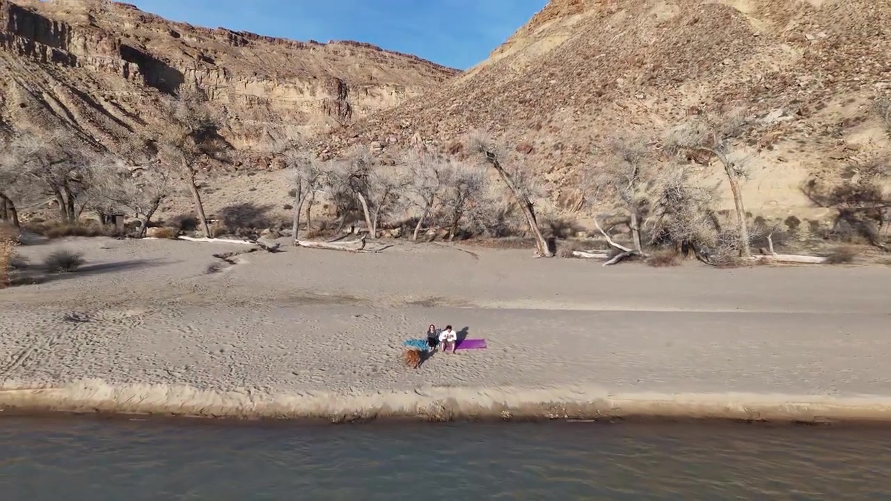 Ripresa con drone di giovane coppia e cane su una spiaggia sabbiosa nel paesaggio desertico dello Utah, Green River, USA