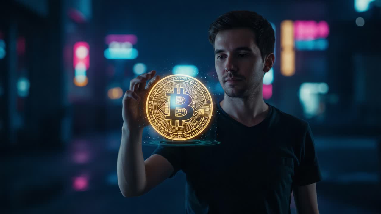 A Young Man Captivates with Cryptocurrency: Illuminating a Virtual Bitcoin in a Futuristic Urban Setting, Showcasing Innovation and Digital Finance