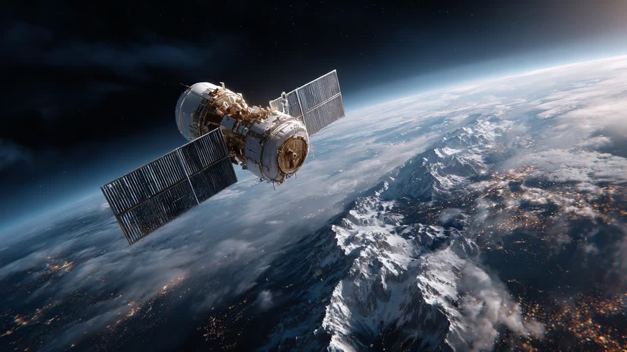 En imponerende udsigt over en satellit, der kredser om Jorden over majestætiske bjergtoppe og funklende bylys, fanget i to slående billeder