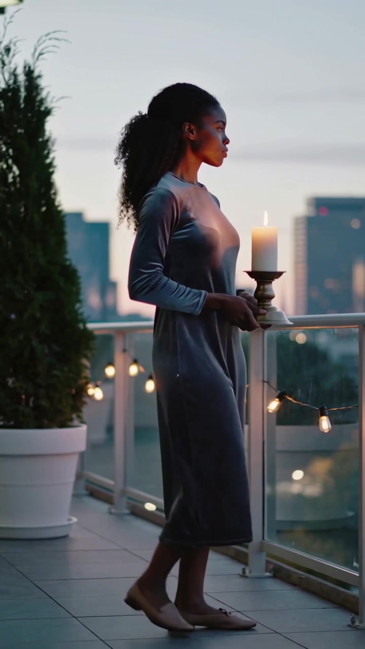 Vídeo vertical: Mulher andando com vestido entrando pela esquerda segurando uma vela acesa, pausando e observando o horizonte dos telhados.