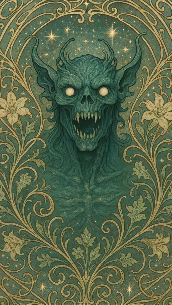 Mostro verde in stile Art Nouveau con bocca spalancata e cornice floreale