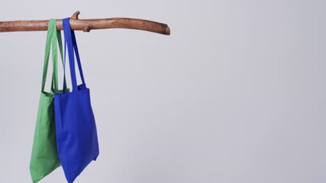 Video-of-green-and-blue-canvas-bags-hanging-from-branch-with-copy-space-on-white-background