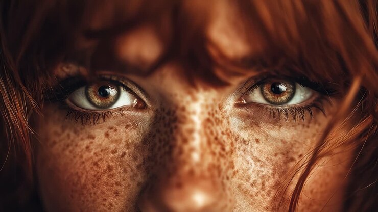 Captivating Close-Up of a Model's Striking Freckles and Mesmerizing Brown Eyes, Showcasing the Beauty of Natural Features and Unique Facial Expressions