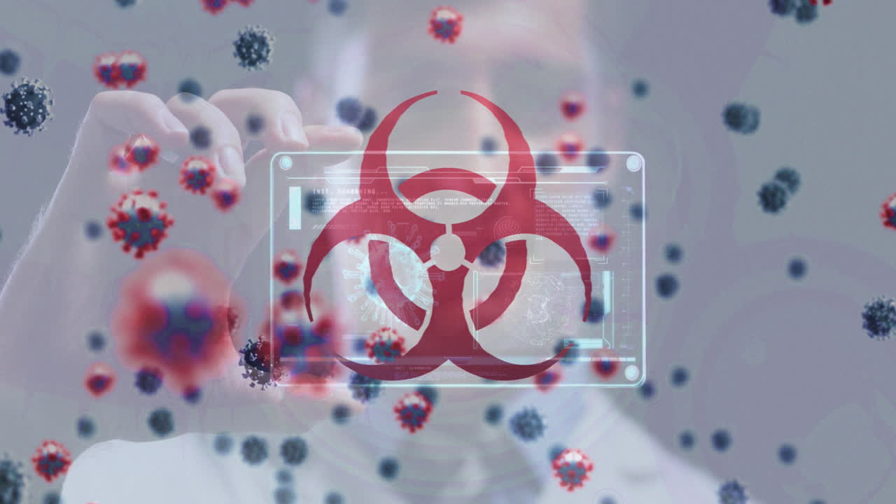 의료 데이터 처리와 함께 남성 의사 홀딩 스크린에서 코로나 세포의 애니메이션