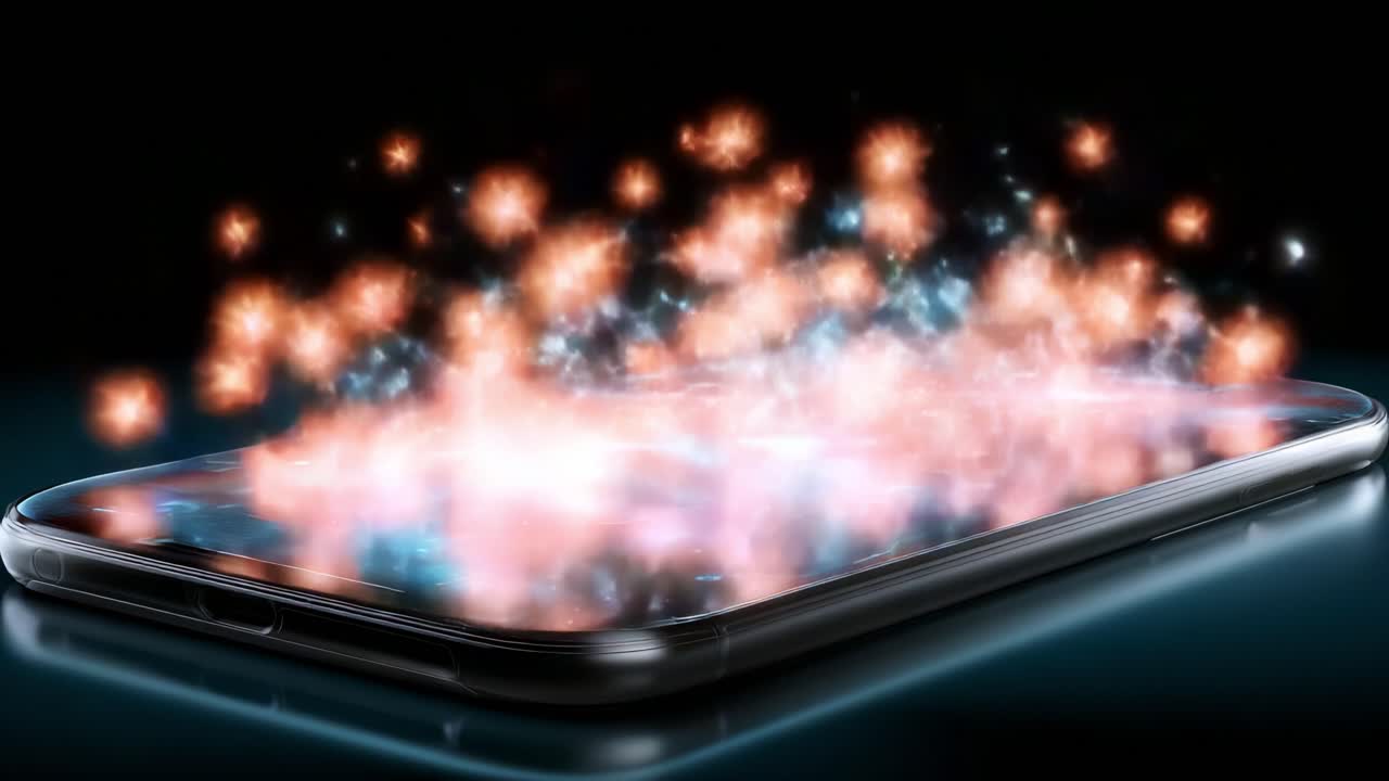 A stunning visual representation of a smartphone displaying an ethereal explosion of vibrant colors and sparkling lights, creating an enchanting aura that captivates the viewer's imagination and draws attention