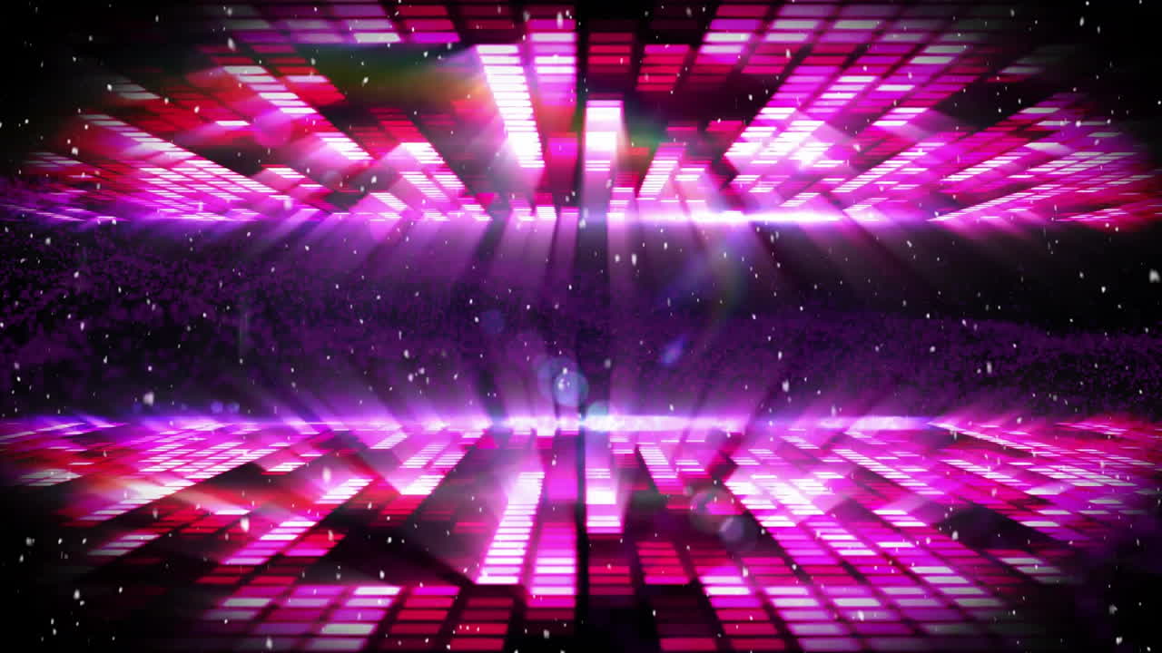 Pink and purple equalizer bars animation over sparkling starry background
