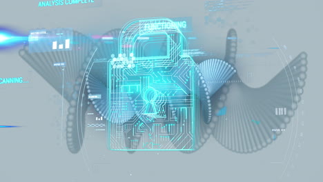 animation of medical data processing with padlock over white background