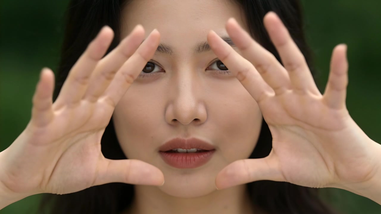 将手放到鼻子旁，亚洲女人在工作室里用手指在眼睛下方滚动，演示眼部按摩