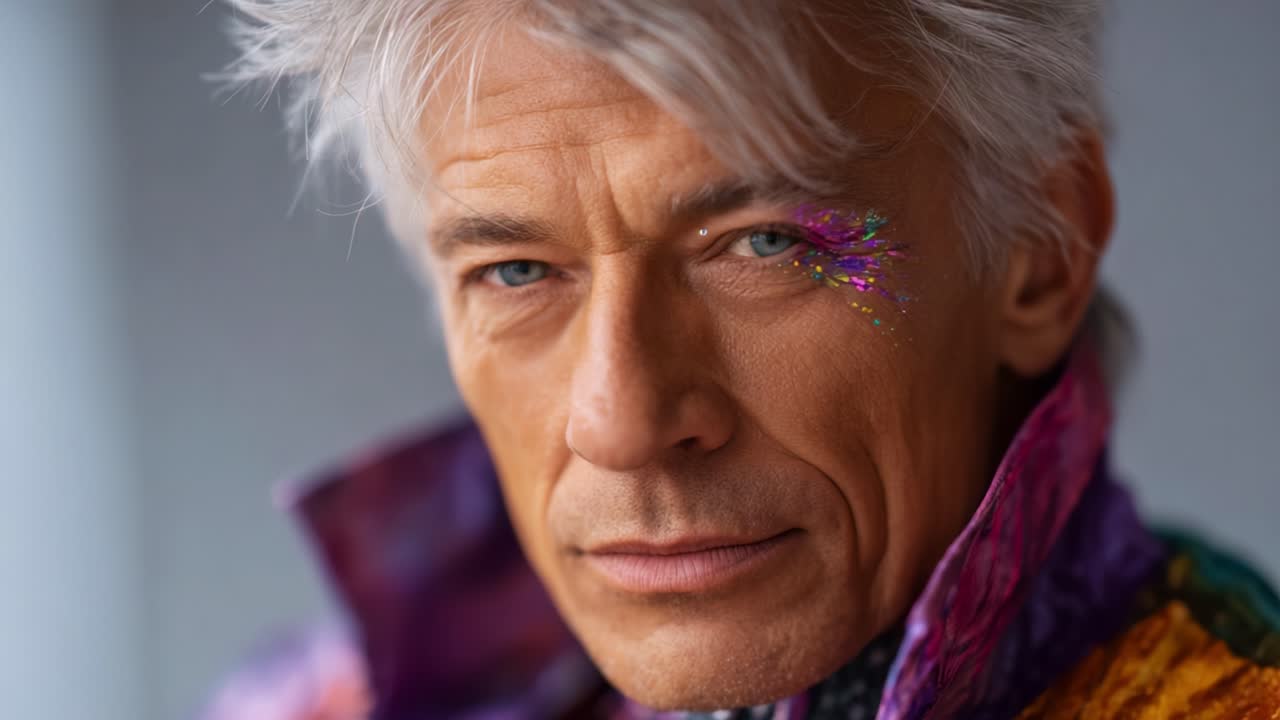 Splendido ritratto di un uomo maturo con capelli originali e un design scintillante, che mette in risalto uno sguardo intenso e un abbigliamento colorato su uno sfondo tenue