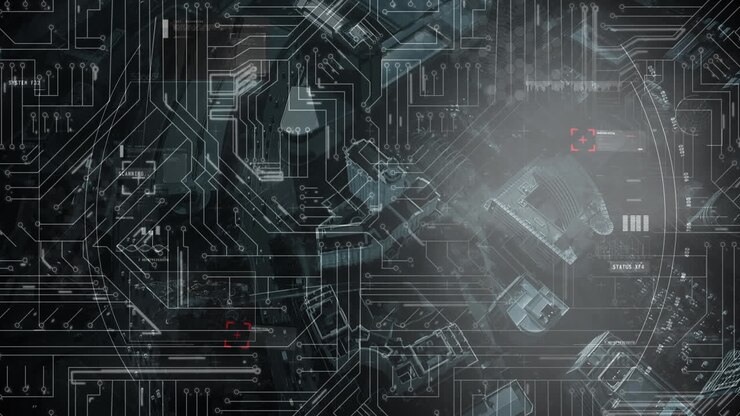 Computer circuit board and rotating ring on black background
