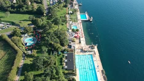 aerial views of the village of thonon, surrounded by the léman lake in france