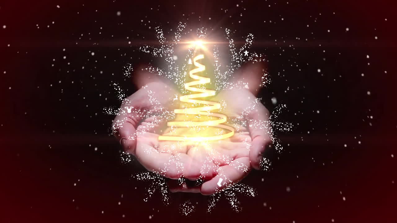 Holding glowing spiral tree, hands with snowflakes creating magical animation effect