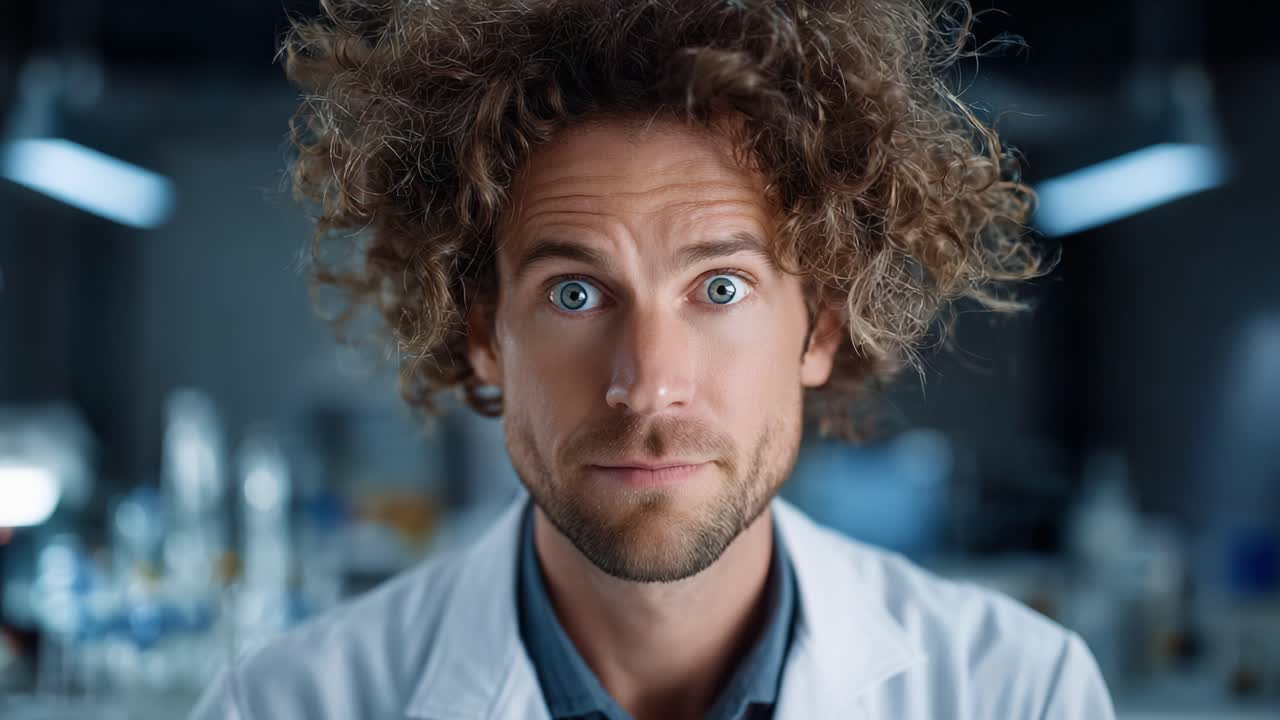 Expression of Surprise and Curiosity Captured in a Scientist's Face During a Chemistry Experiment with Curly Hair and Intense Eye Contact with the Camera