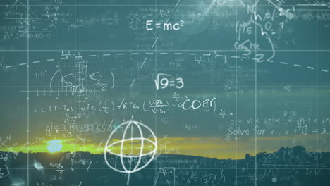 mathematical equations and formulas animation over landscape at sunset