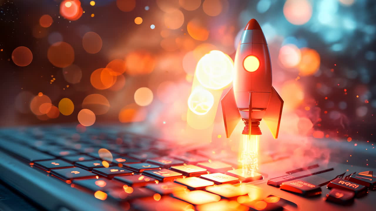 Rocket Launching on a Keyboard Amidst Colorful Sparks. A miniature rocket blasts off from a keyboard, surrounded by vibrant sparks and glowing lights, creating an imaginative tech-inspired spectacle.