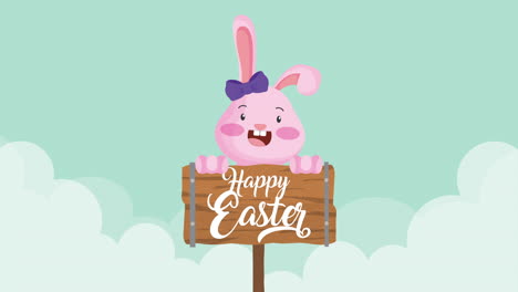 feliz tarjeta animada de pascua con etiqueta de madera
