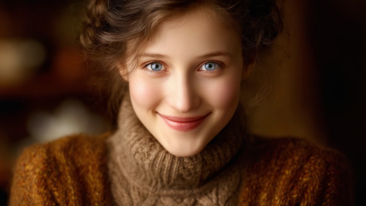 Captivating Portrait of a Young Woman with Bright Blue Eyes and a Warm Brown Sweater, Exuding Charm and Beauty Against a Soft Background