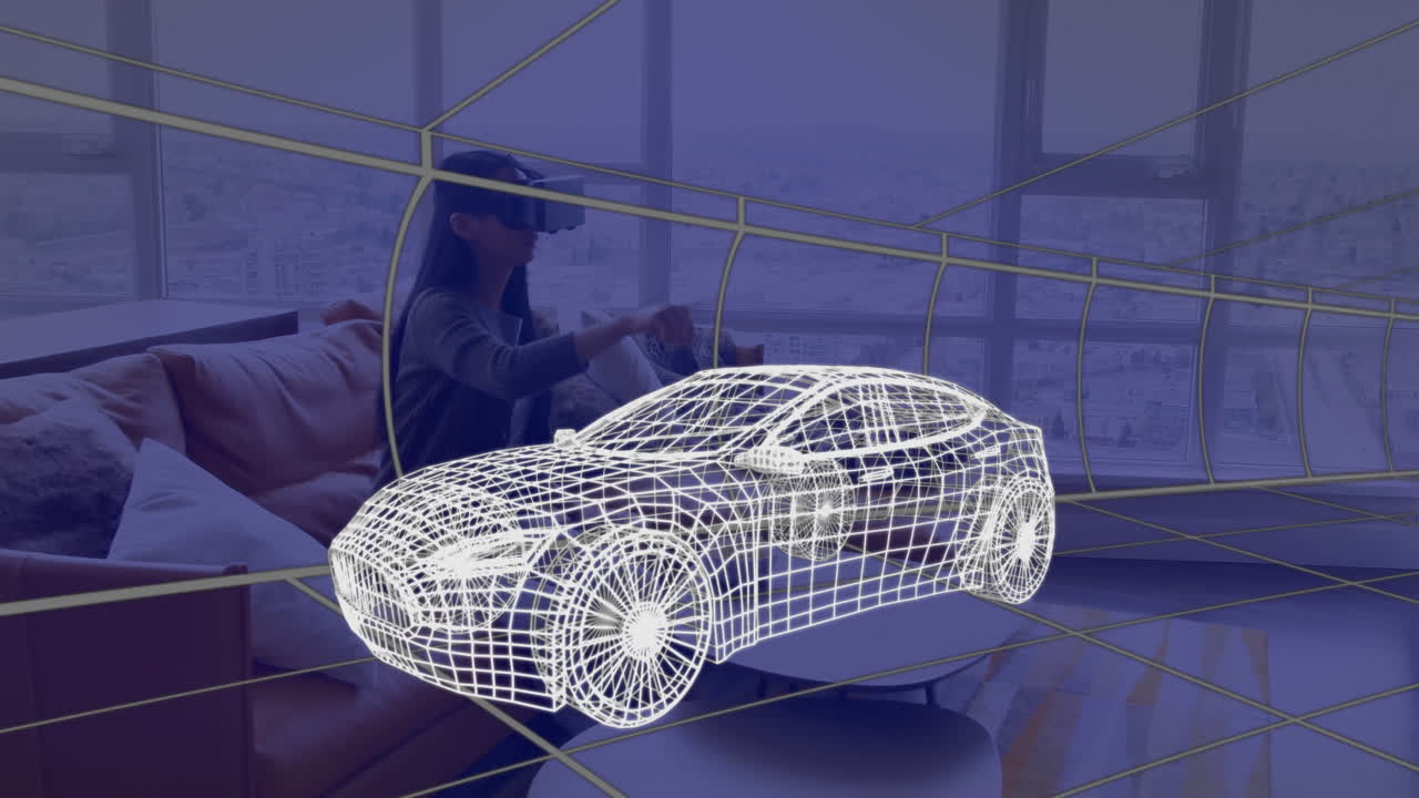 animación de dibujo técnico 3d de un coche, sobre una mujer en casa con auriculares vr