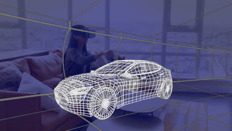 animación de dibujo técnico 3d de un coche, sobre una mujer en casa con auriculares vr