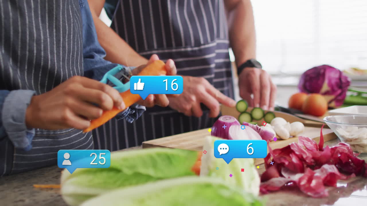 Peeling carrots and chopping vegetables, social media notifications in kitchen scene