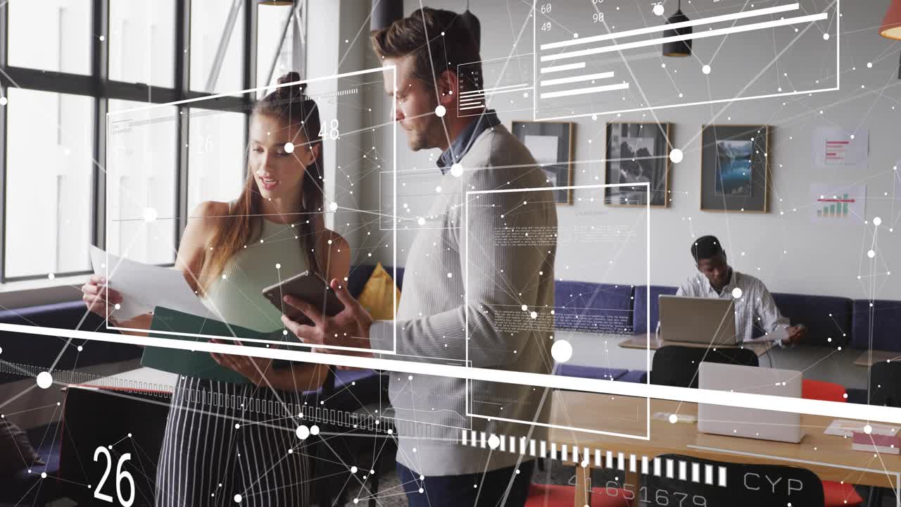 Man pointing at phone, woman holding green folder, starting HUD overlay and reviewing for business