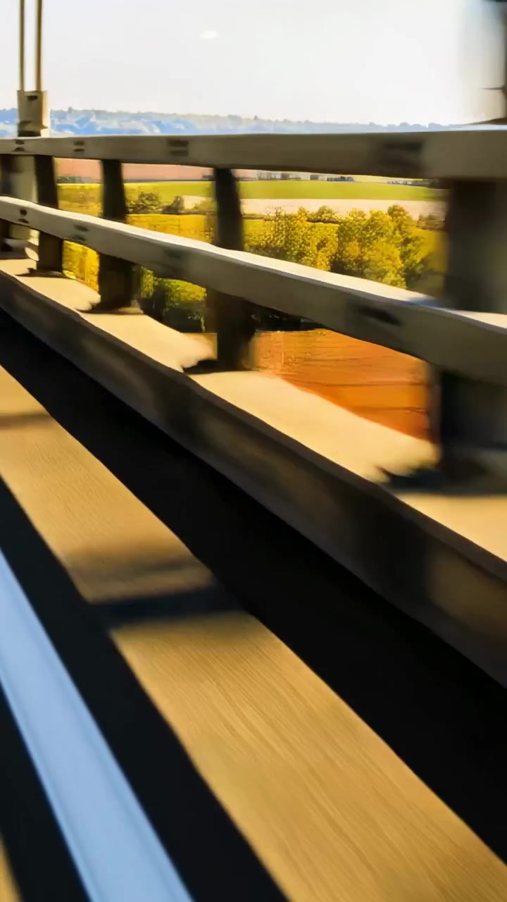 Video verticale: Un'auto in corsa supera il guardrail e i pali di un ponte che attraversa una baia, mostrando campi e la costa.