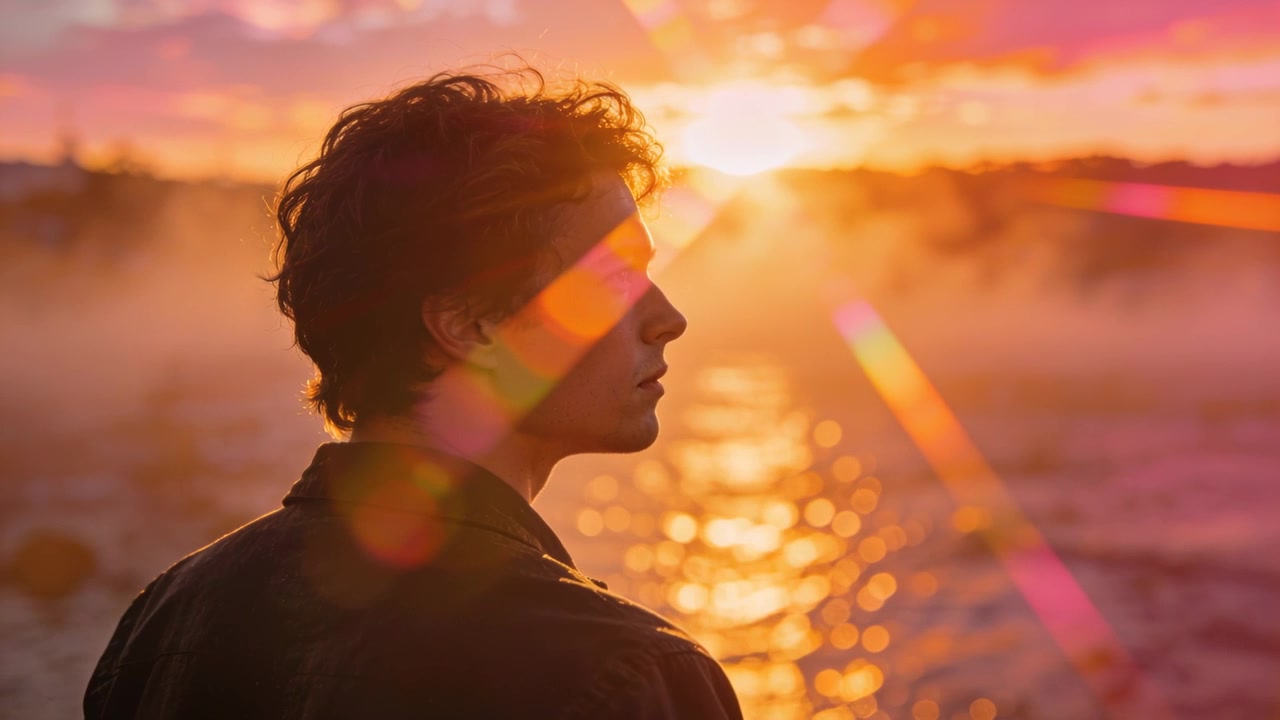 Virando a cabeça em direção ao sol poente, homem em pé na costa rochosa, jaqueta escura, com reflexos de lente e espaço para texto