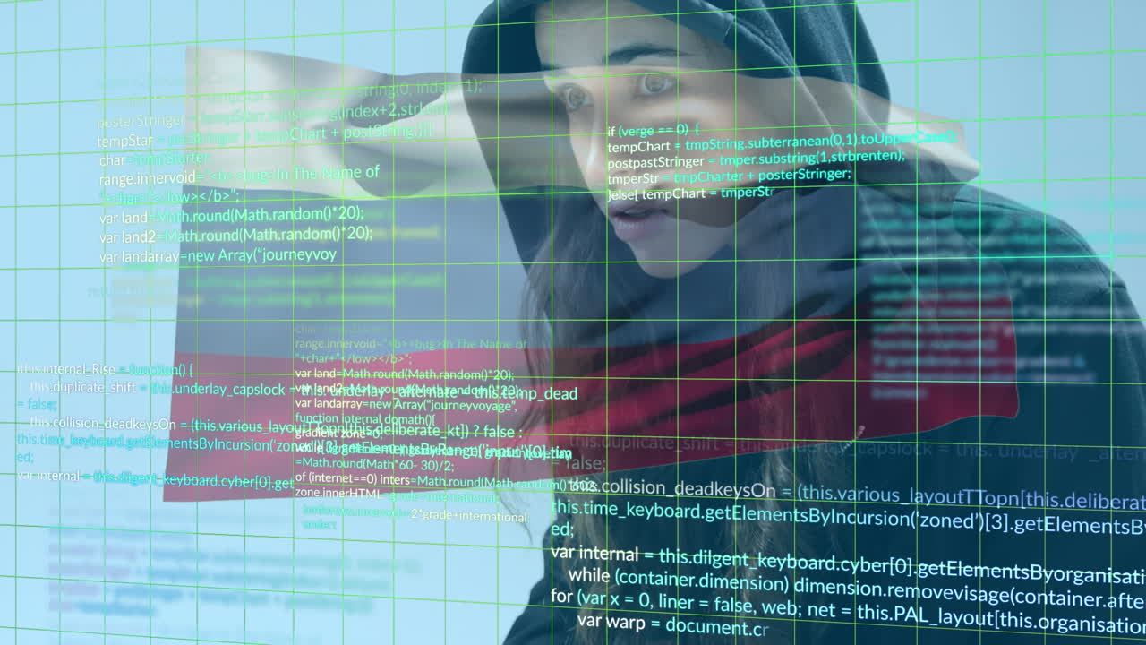 animación de una hacker caucásica usando un portátil sobre el procesamiento de datos y la bandera de rusia