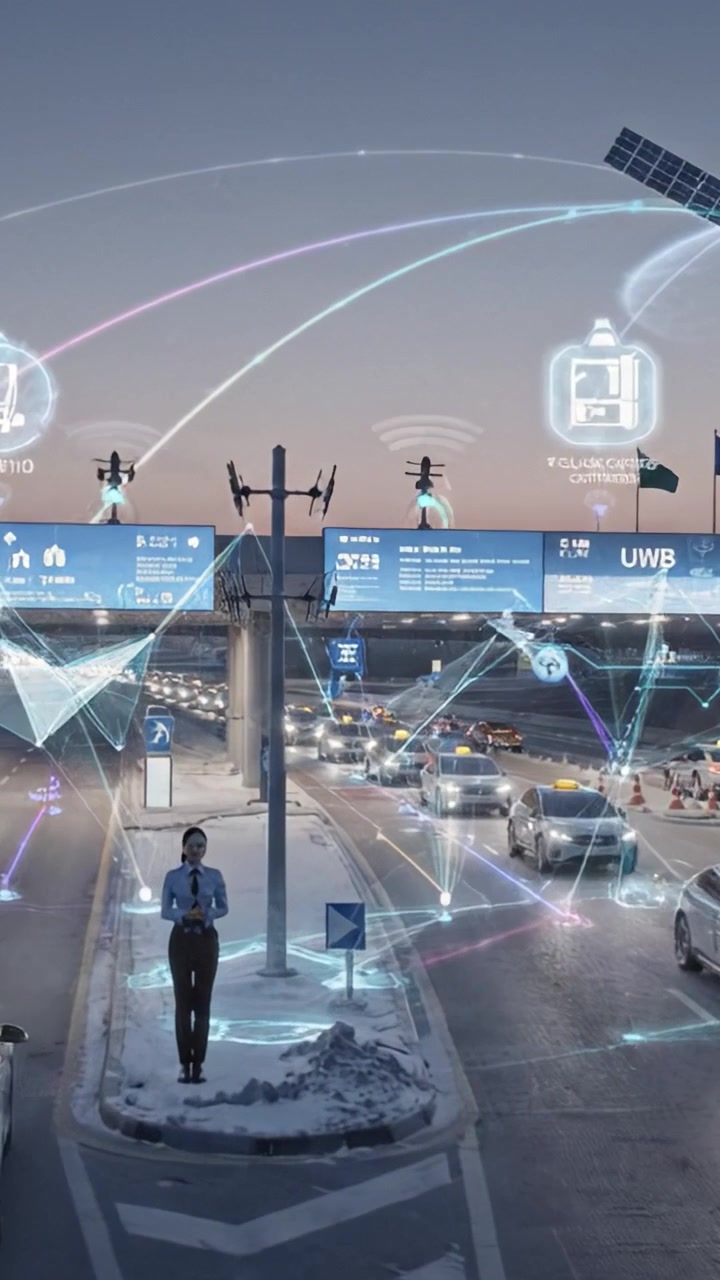Scena di traffico urbano dinamica con display digitali e connettività, che illustra il trasporto moderno e le tecnologie delle smart city al tramonto.