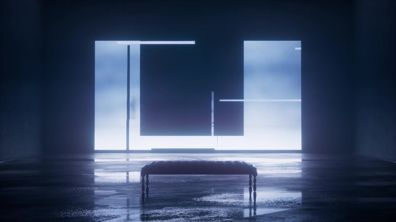Minimalist Bench in Dark Room with Abstract Glowing Light Projection