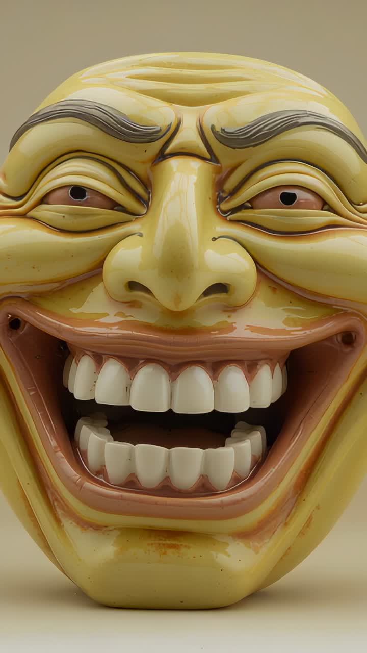 Vertical video: Moving glossy yellow ceramic mask by hinged jaw revealing teeth in studio
