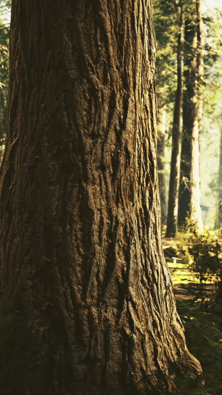 Alberi alti che proiettano ombre in una foresta serena durante l'ora d'oro