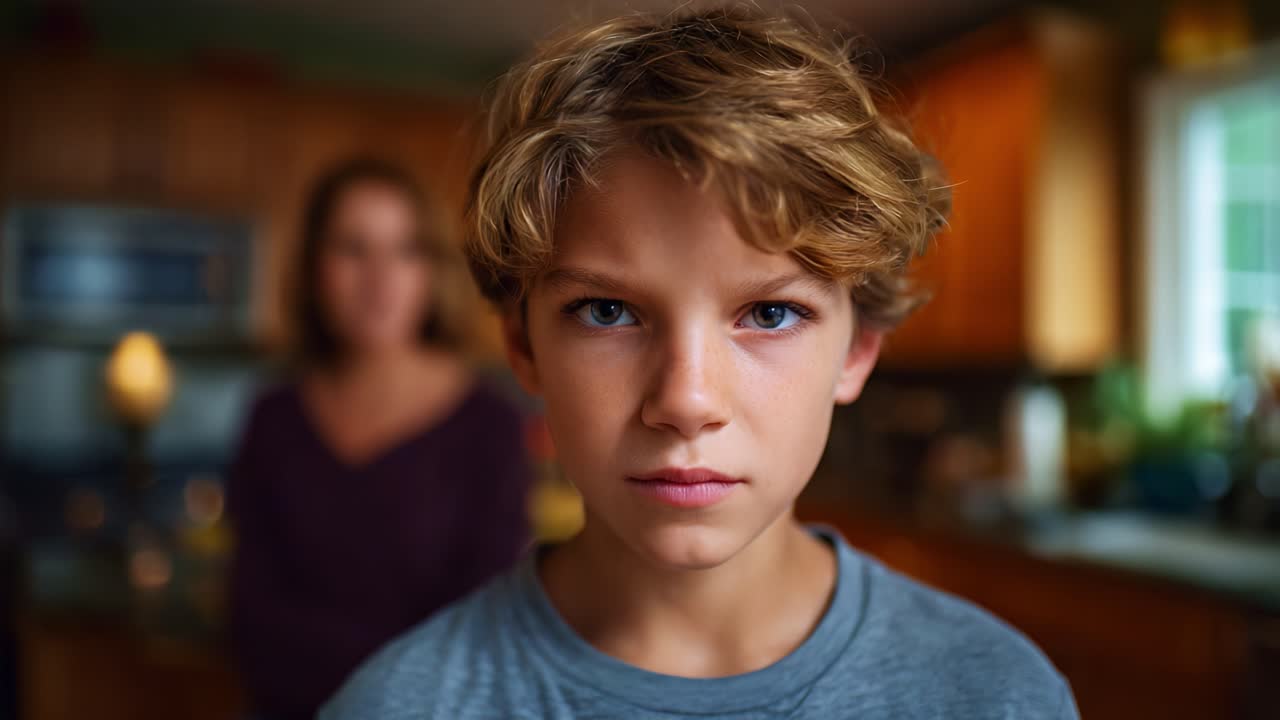 Un momento di tensione tra madre e figlio cattura la profondità del loro rapporto, mostrando emozione e preoccupazione in una calda e accogliente cucina domestica con una messa a fuoco drammatica