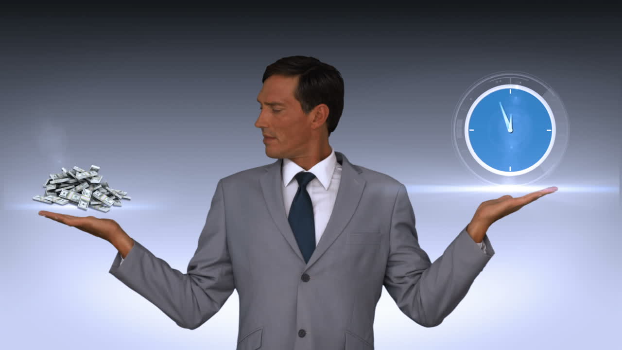 가상 시계와 돈을 들고 있는 사업가