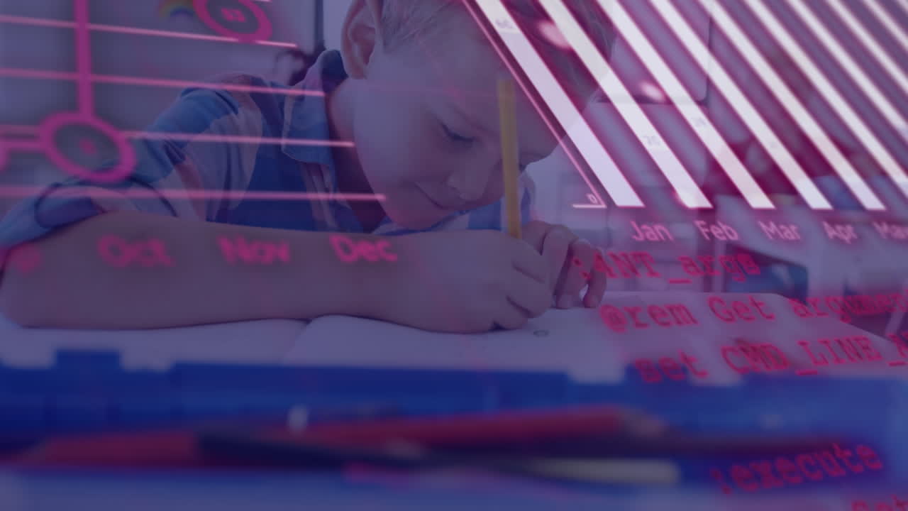 교실에서 백인 학교 소년에 대한 그래프의 애니메이션