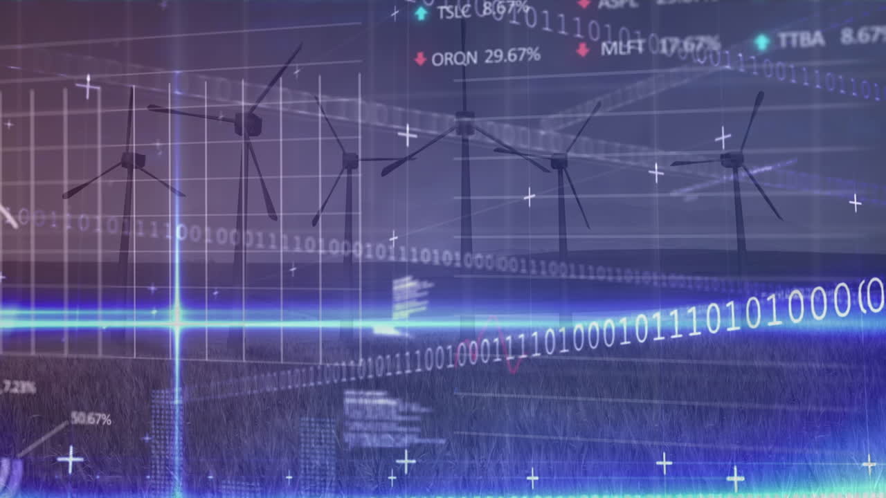 푸른 빛 트레일과 초원에서 풍차에 대한 데이터 처리