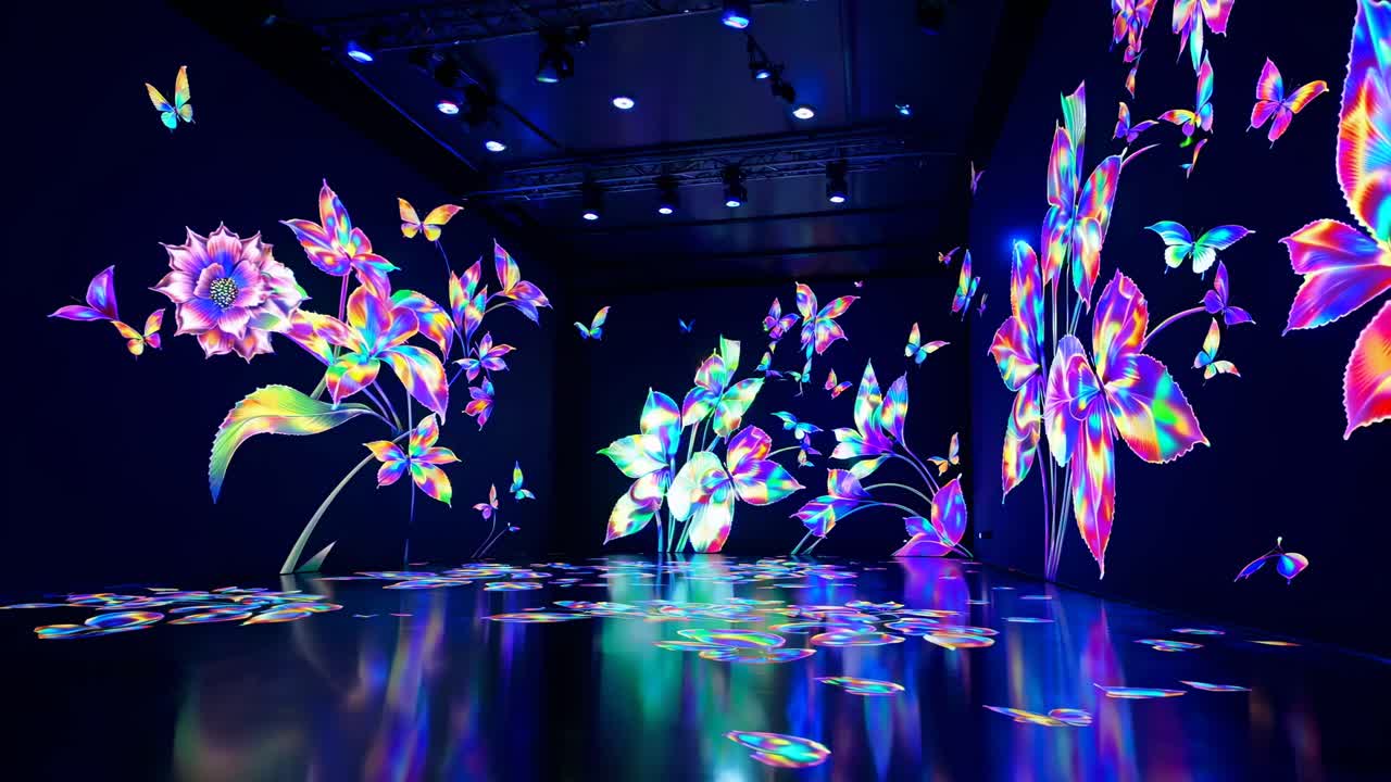 Immersive video art installation with vibrant, holographic flowers